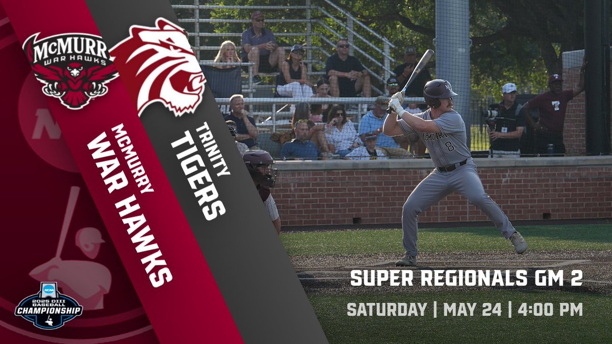 McMurry Athletics (@mcmsports) on Twitter photo Time to Battle!! Super Regionals, Game 2!!
🆚Trinity University
📍San Antonio, TX
🏟️Trinity Baseball Field ($5 Admission)
⏰4:00 p.m.
🎥tinyurl.com/39hyzkxv
📋tinyurl.com/3w8e4ezh
<a href="/McMurryBaseball/">McMurry Baseball</a> Time to Battle!! Super Regionals, Game 2!!
🆚Trinity University
📍San Antonio, TX
🏟️Trinity Baseball Field ($5 Admission)
⏰4:00 p.m.
🎥tinyurl.com/39hyzkxv
📋tinyurl.com/3w8e4ezh
<a href="/McMurryBaseball/">McMurry Baseball</a>