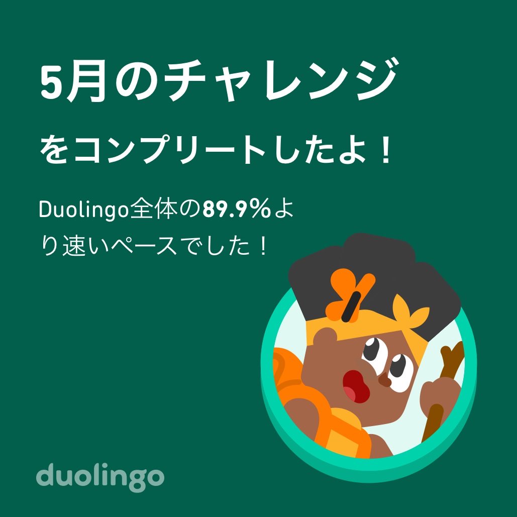 Duolingo全体の89.9％より速く5月のチャレンジをコンプリートしたよ！