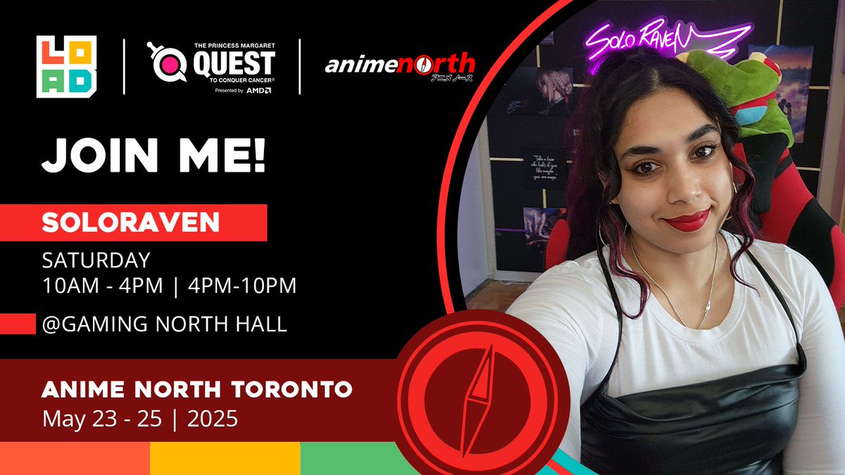 SoloRaven (@_soloraven_) on Twitter photo 🎗CHARITY STREAM TODAY🎗
We are raising money for 𝗖𝗔𝗡𝗖𝗘𝗥 𝗥𝗘𝗦𝗘𝗔𝗥𝗖𝗛 at Anime North Toronto TODAY ✨𝗠𝗮𝘆 𝟮𝟰𝘁𝗵 𝗳𝗿𝗼𝗺 𝟭𝟬𝗔𝗠-8𝗣𝗠✨
<a href="/Quest2Conquer/">Quest To Conquer Cancer</a>
<a href="/PMResearch_UHN/">Princess Margaret Cancer Centre Research</a>
<a href="/Loadscreengg/">Loadscreen</a>
<a href="/AMDGaming/">AMD Gaming</a>
TUNE IN🥰Twitch.tv/SoloRaven 🔥 🎗CHARITY STREAM TODAY🎗
We are raising money for 𝗖𝗔𝗡𝗖𝗘𝗥 𝗥𝗘𝗦𝗘𝗔𝗥𝗖𝗛 at Anime North Toronto TODAY ✨𝗠𝗮𝘆 𝟮𝟰𝘁𝗵 𝗳𝗿𝗼𝗺 𝟭𝟬𝗔𝗠-8𝗣𝗠✨
<a href="/Quest2Conquer/">Quest To Conquer Cancer</a>
<a href="/PMResearch_UHN/">Princess Margaret Cancer Centre Research</a>
<a href="/Loadscreengg/">Loadscreen</a>
<a href="/AMDGaming/">AMD Gaming</a>
TUNE IN🥰Twitch.tv/SoloRaven 🔥