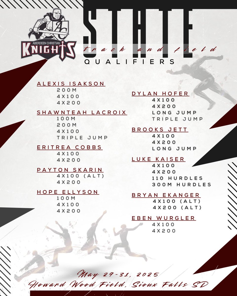 Congratulations to all of our ACS Track and Field athletes that have qualified to compete at State Track and Field next weekend! Congratulations to the coaches and athletes on a successful season and best of luck as you compete next weekend at STATE!