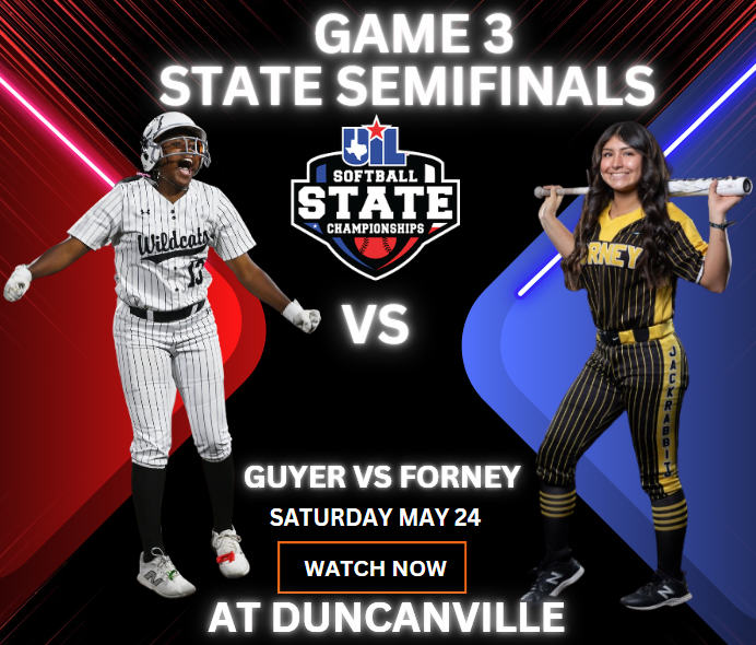 Texas UIL SPORTS (@texasuil_sport) on Twitter photo 🔥🥎 STATE SEMI FINAL
<a href="/Forneysoftball/">ForneySoftball</a> vs <a href="/GuyerSoftball/">Guyer Softball</a>
📺 bit.ly/Z05PSFT
📅 Saturday 24
⏰ 2:00 pm
🏟️ At Duncanville
<a href="/ForneyRecruits/">Forney Recruits</a> <a href="/ClubJackrabbit/">Jackrabbit Dugout Club</a> <a href="/ForneyAthletics/">ForneyISDAthletics</a> <a href="/GHS_Wildcats/">Guyer HS Wildcats</a> <a href="/Heredia_Soph/">Heredia_Sophia</a> @coacholiphantAD <a href="/CoachFleen/">Coach Fleener</a> <a href="/NicoleJund/">Nicole Jund, EdD</a> <a href="/IslaArel02/">Isla Arel 2027</a> <a href="/kylekeese/">Kyle Keese</a> 🔥🥎 STATE SEMI FINAL
<a href="/Forneysoftball/">ForneySoftball</a> vs <a href="/GuyerSoftball/">Guyer Softball</a>
📺 bit.ly/Z05PSFT
📅 Saturday 24
⏰ 2:00 pm
🏟️ At Duncanville
<a href="/ForneyRecruits/">Forney Recruits</a> <a href="/ClubJackrabbit/">Jackrabbit Dugout Club</a> <a href="/ForneyAthletics/">ForneyISDAthletics</a> <a href="/GHS_Wildcats/">Guyer HS Wildcats</a> <a href="/Heredia_Soph/">Heredia_Sophia</a> @coacholiphantAD <a href="/CoachFleen/">Coach Fleener</a> <a href="/NicoleJund/">Nicole Jund, EdD</a> <a href="/IslaArel02/">Isla Arel 2027</a> <a href="/kylekeese/">Kyle Keese</a>