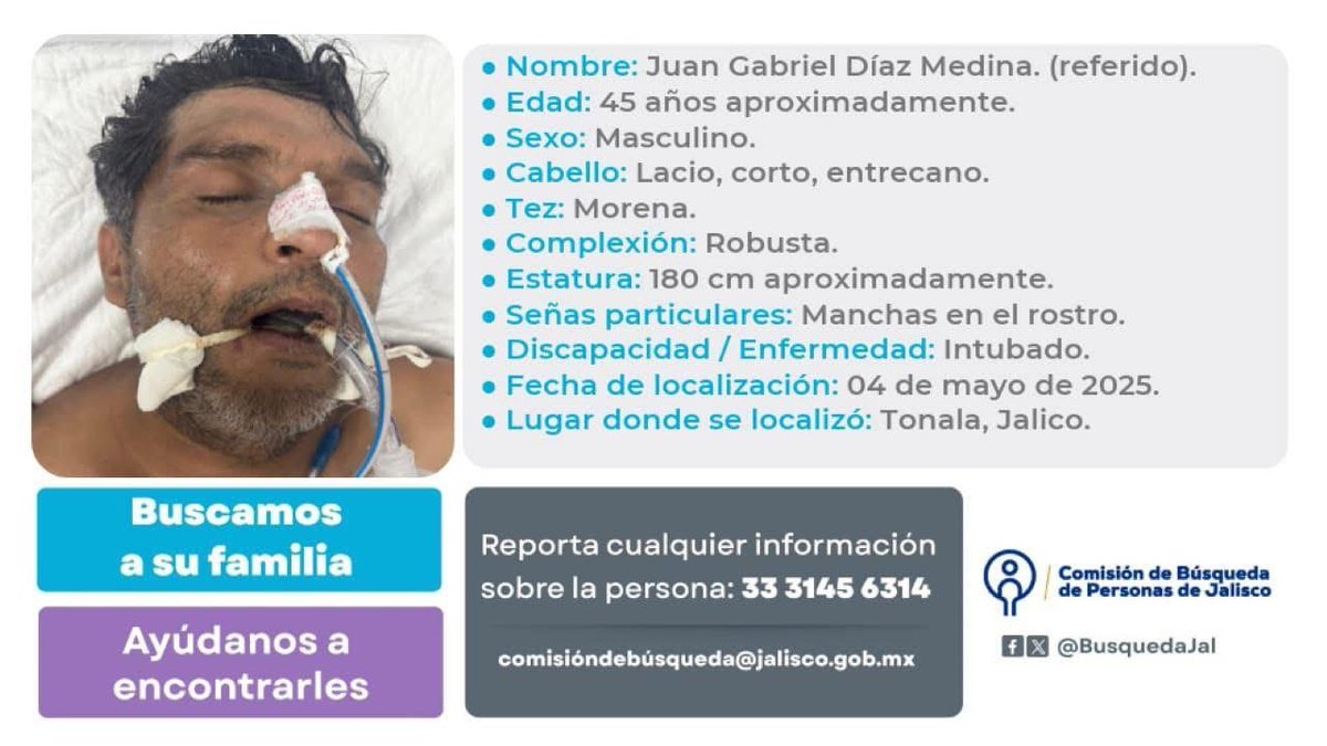 #EstamosBuscando a los familiares de Juan Gabriel Diaz Medina, si tienes información que ayude a localizarlos, llama al 33 3145 6314.