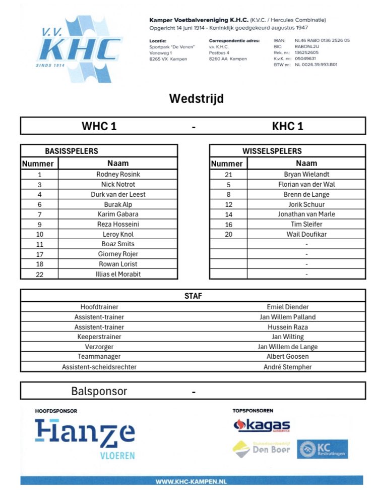 Opstelling KHC tegen WHC: