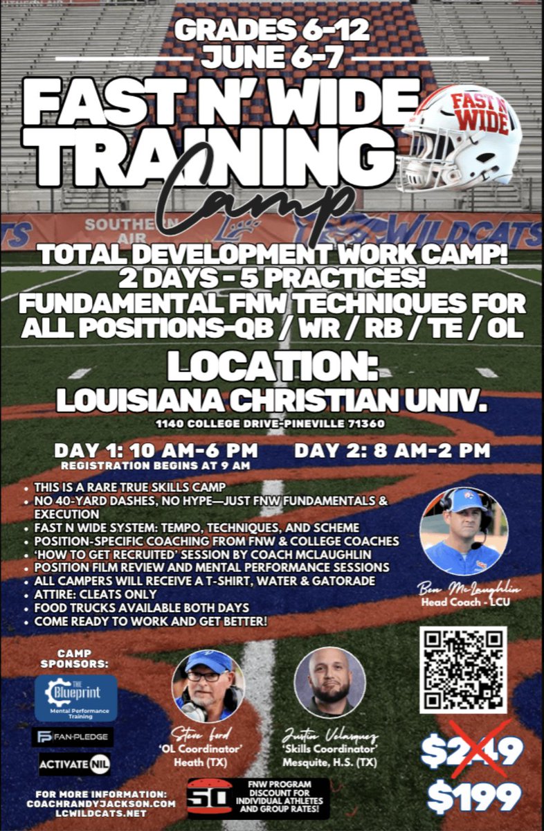 FASTNWIDE (@fastnwide) on Twitter photo 🚨 Final Call!
FNW Camp at <a href="/LCU_ftball/">LCU Football</a> starts tomorrow!
Not a combine but a grind!
5 sessions, film review, mental training, real development.
Grades 6–12, all O positions.
Sign up now → coachrandyjackson.com/fnw-camps
Thurs coaches tonight
<a href="/CoachBenMc19/">Ben McLaughlin</a>
<a href="/CoachJacksonTPW/">Randy Jackson</a> 🚨 Final Call!
FNW Camp at <a href="/LCU_ftball/">LCU Football</a> starts tomorrow!
Not a combine but a grind!
5 sessions, film review, mental training, real development.
Grades 6–12, all O positions.
Sign up now → coachrandyjackson.com/fnw-camps
Thurs coaches tonight
<a href="/CoachBenMc19/">Ben McLaughlin</a>
<a href="/CoachJacksonTPW/">Randy Jackson</a>