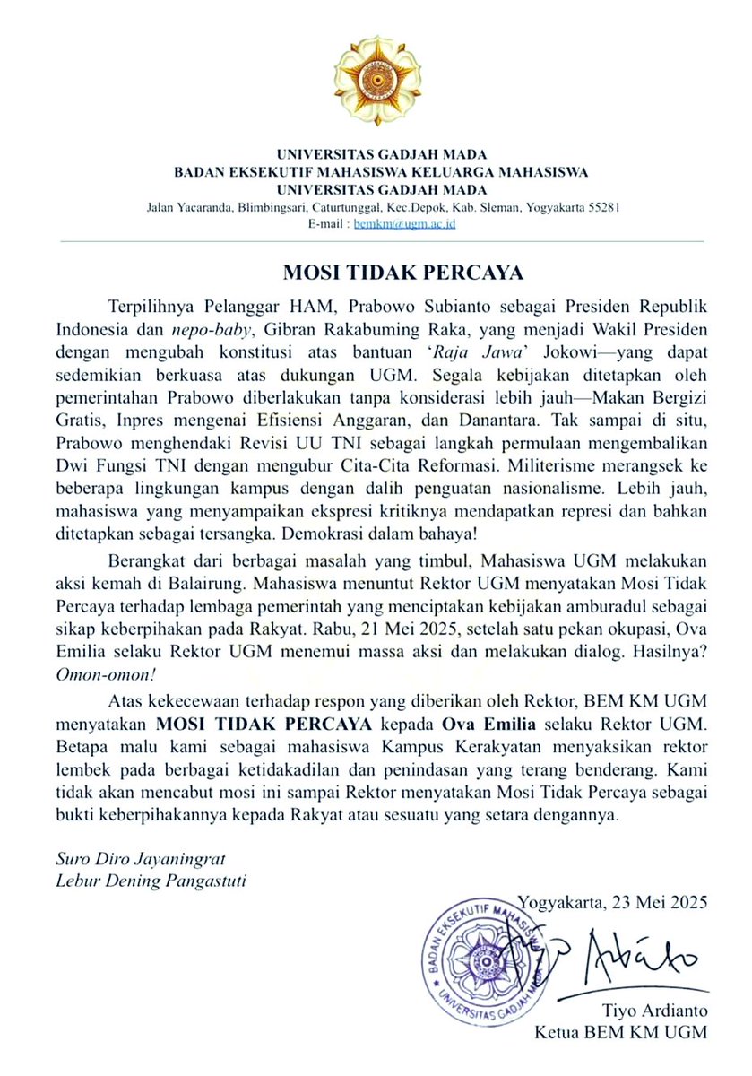 PERNYATAAN BEM UGM: Mosi Tidak Percaya ke Rektor UGM

<a href="/UGMYogyakarta/">UGM</a> 

☕️