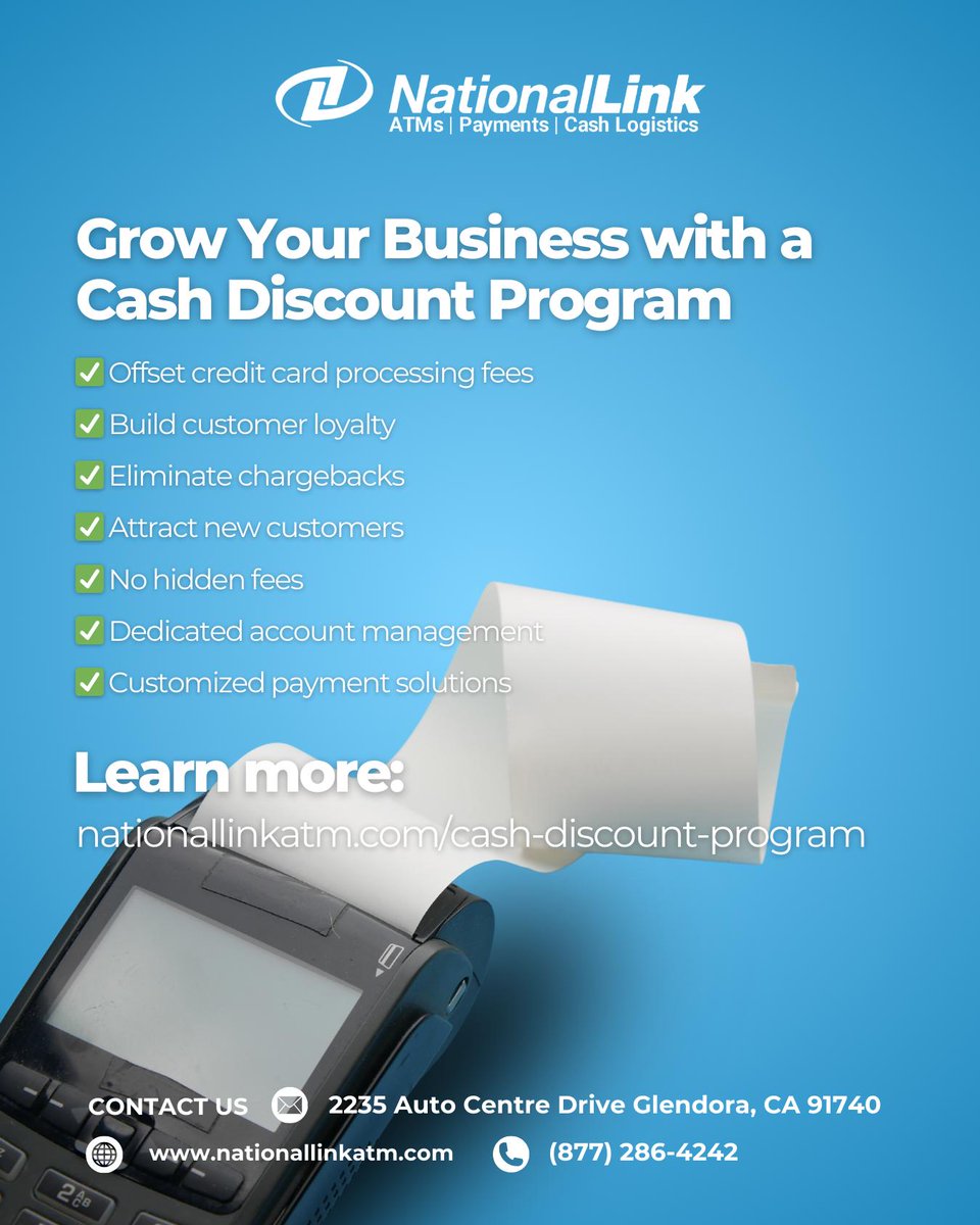nationallink_X's tweet image. Tired of credit card fees eating into your profits?
Switch to a Cash Discount Program and keep more of what you earn 💵
No hidden fees. Just smart business.
➡️ nationallinkatm.com/cash-discount-…
#CashDiscount #SmallBusinessTips #CreditCardProcessing #NationalLink
