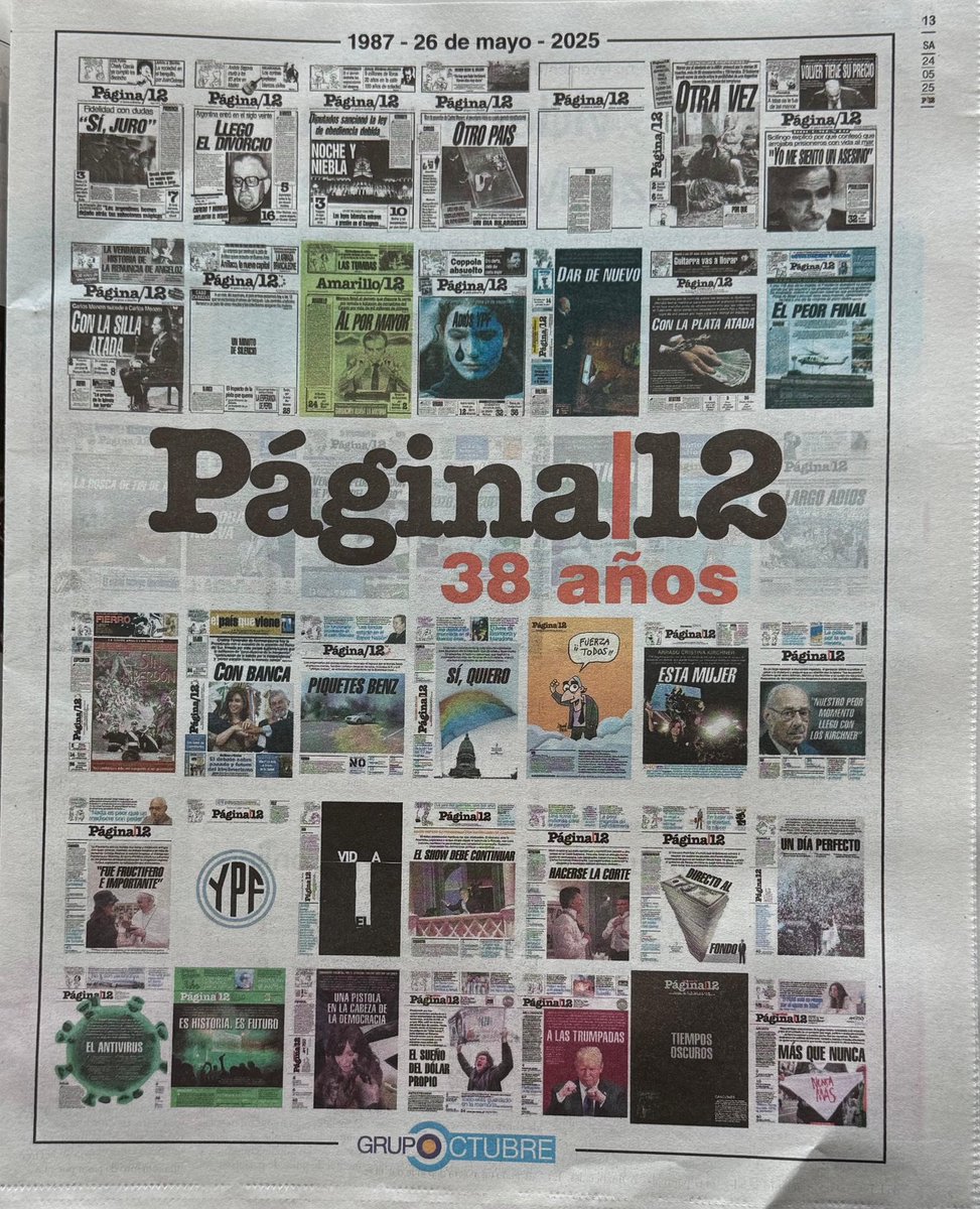 38 años de <a href="/pagina12/">Página|12</a> . Un diario que nunca fue indiferente, que eligió contar lo que otros callaban para amplificar las luchas y defender la democracia con cada palabra. Hoy más que nunca, reafirmamos ese compromiso.
Gracias a todos y todas los que lo hacen posible y a quienes