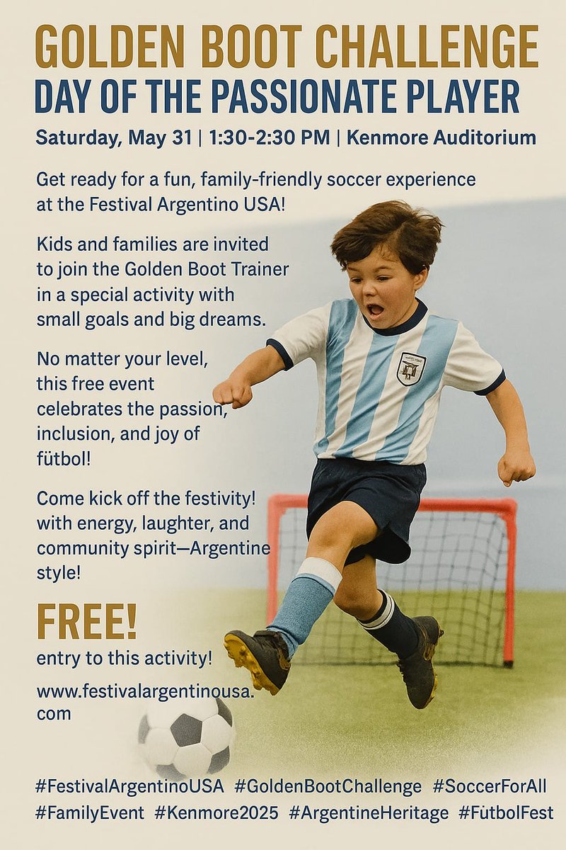Soccer Family 31 de Mayo en Kenmore en el 38to Festival Argentino USA. Gold Boot provee Coach de 1:30pm a 2:30pm grassy area Kenmore!