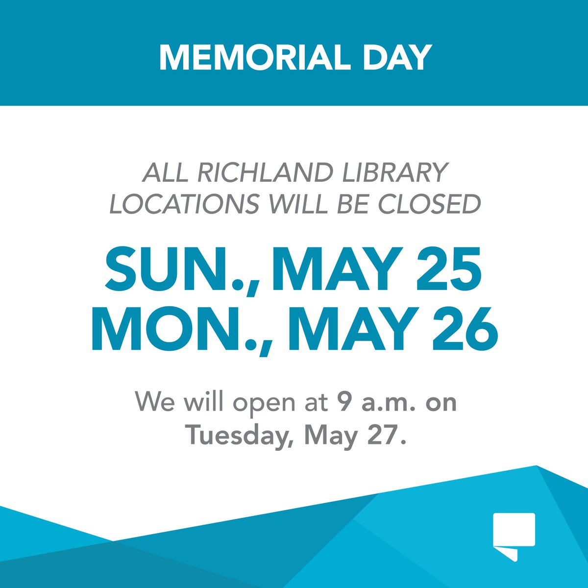 accessfreely's tweet image. All Richland Library locations will be closed Sunday, May 25 and Monday, May 26 for Memorial Day. Don’t forget that RichlandLibrary.com is always open. Any physical items due during the closure will be automatically extended for your convenience.