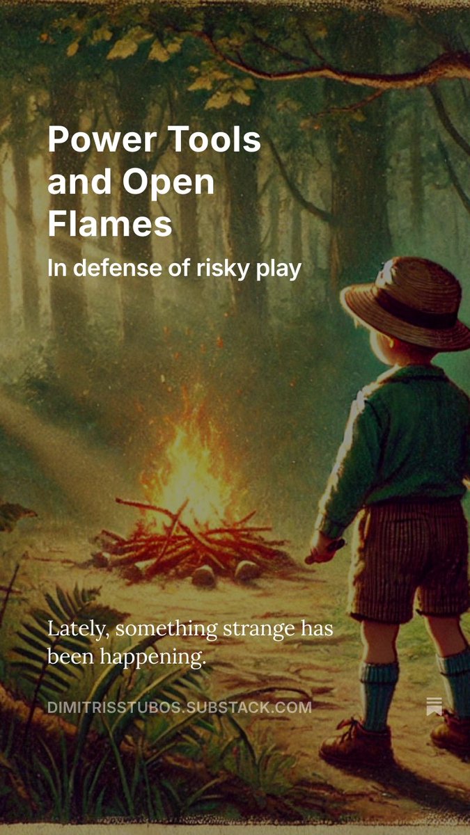 Dimitris Stubos (@stubosd) on Twitter photo Why are adults chasing danger while stripping it away from kids?
A personal take on the work of <a href="/JonHaidt/">Jonathan Haidt</a> & <a href="/EllenBSandseter/">Ellen Beate</a>.
Alt title: How I Stopped Worrying and Bought My Kid a Knife. 🔪
open.substack.com/pub/dimitrisst… Why are adults chasing danger while stripping it away from kids?
A personal take on the work of <a href="/JonHaidt/">Jonathan Haidt</a> & <a href="/EllenBSandseter/">Ellen Beate</a>.
Alt title: How I Stopped Worrying and Bought My Kid a Knife. 🔪
open.substack.com/pub/dimitrisst…