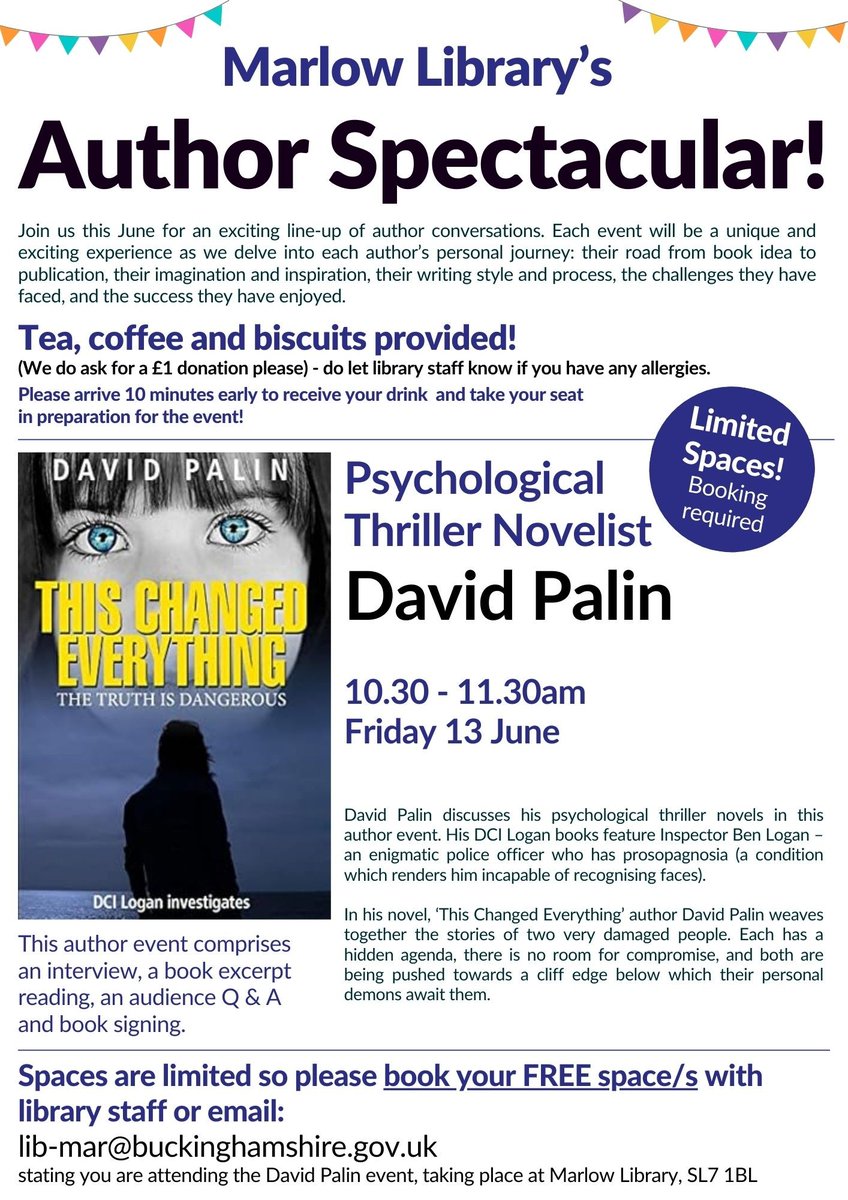 Really up for my Author Interview at Marlow Library  June 13th. It's always exciting to share one's passion for writing thrillers, &amp; a nervous buzz talking live! Quite a thrill, you might say (sorry, couldn't resist!) #thrillers #nationalcrimereadingmonth #crimethriller