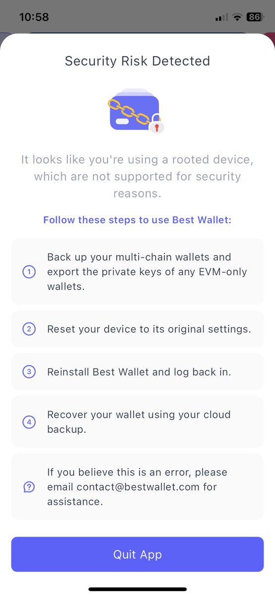 JadoreUnicorn's tweet photo. @BestWalletHQ Guys its scamme call new brand #badwallet or #scamwallet cannot open my device bcs of this . Aready 1 week impossible de ce reconnecter a ton wallet. Tu as beau suivre leurs indications Γ§a revient a ce panneau la. Cβest pas un bug cβest un rugpool https://t.co/xwBQPQBzA3