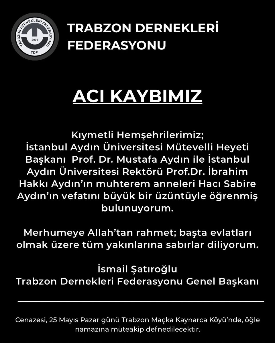 Merhumeye Allah’tan rahmet, yakınlarına başsağlığı ve sabırlar dileriz.
<a href="/drmaydin/">Prof. Dr. Mustafa AYDIN</a>