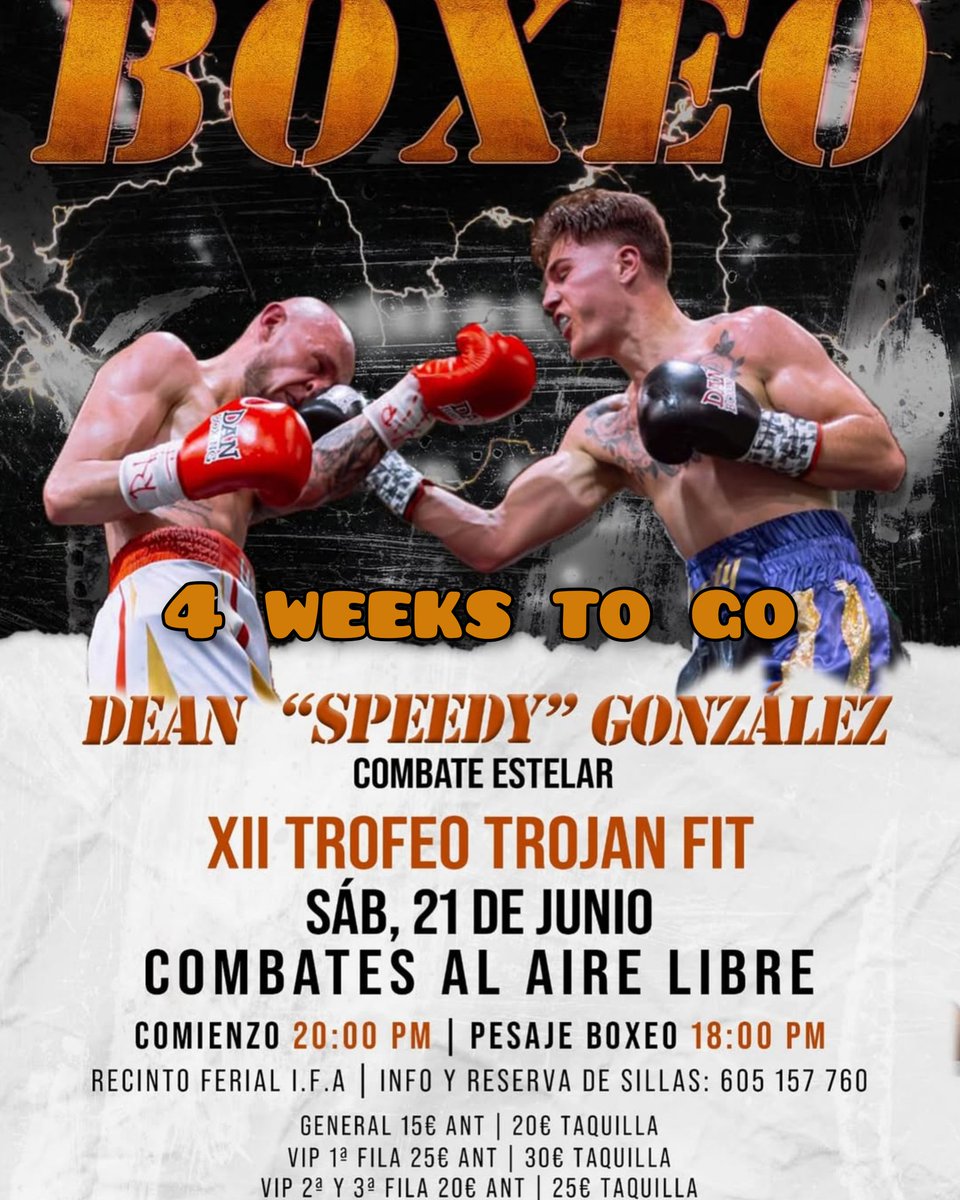 4 Weeks to go

Dean Gonzalez Furlong returns for fight 6 as a pro in Alicante 

No opponent confirmed as yet. 

In what will be Speedy's 3rd headline slot in a row as he builds up activity