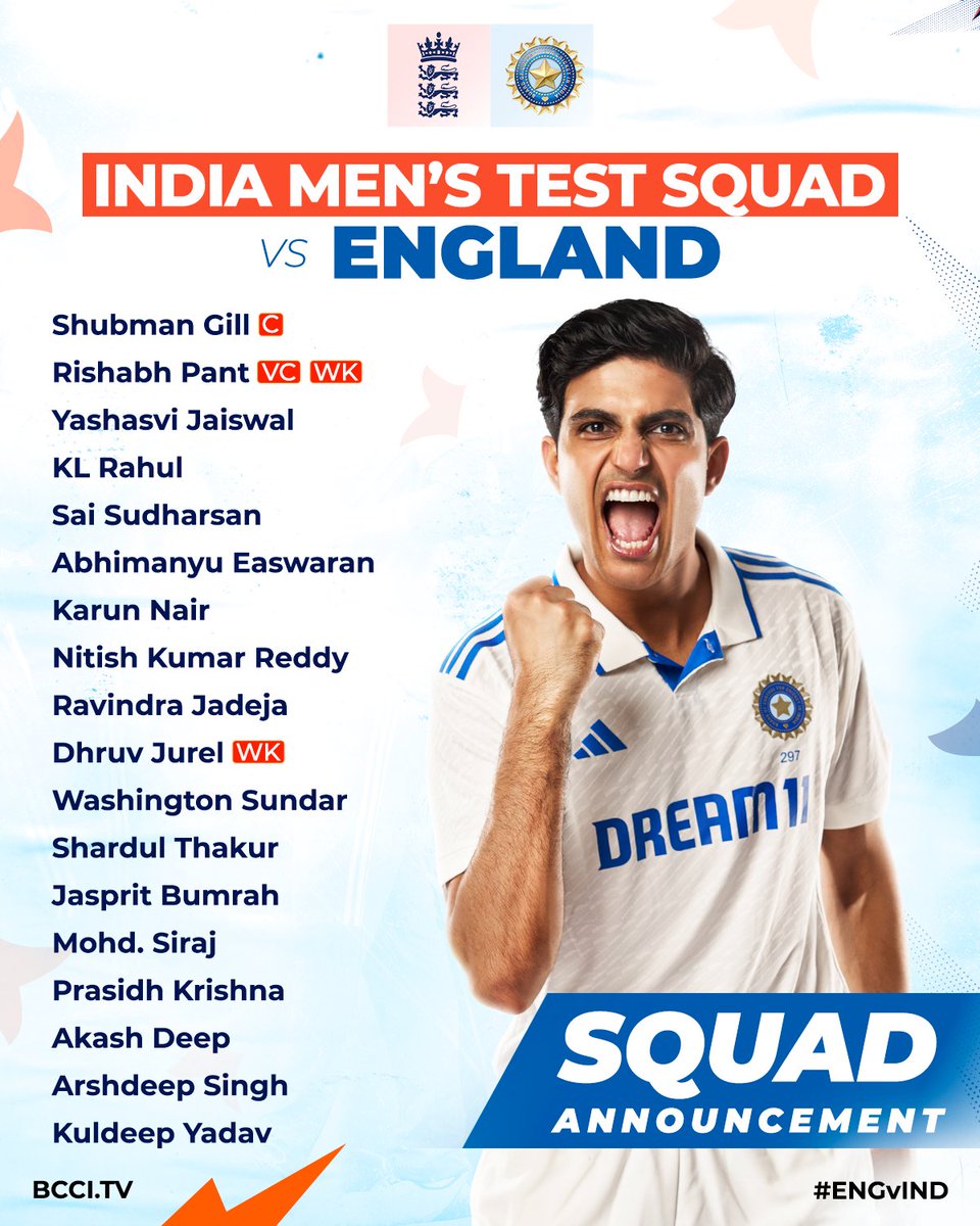 🚨India’s Test squad for England tour🚨

- Captain Shubman Gill
- Vice Captain Rishabh Pant
- Sarfaraz Khan and Shami missed out
- Arshdeep Singh added to test team
- Shardul Thakur and Karun Nair Comeback 

#testcaptain #BCCI #INDvsENG