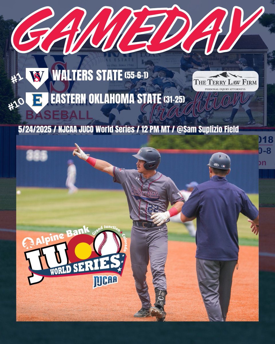 GAMEDAY!!!

Top seeded <a href="/WSCCbaseball/">WaltersStBaseball</a> open up their time at the JUCO World Series today at 12 pm MT (2 pm ET) against 10th seeded Eastern Oklahoma State. 

WATCH: espn.com/espnplus/playe…

LIVE STATS: jucogj.org/sidearmstats/b…

LISTEN: player.listenlive.co/43171?path=bas…