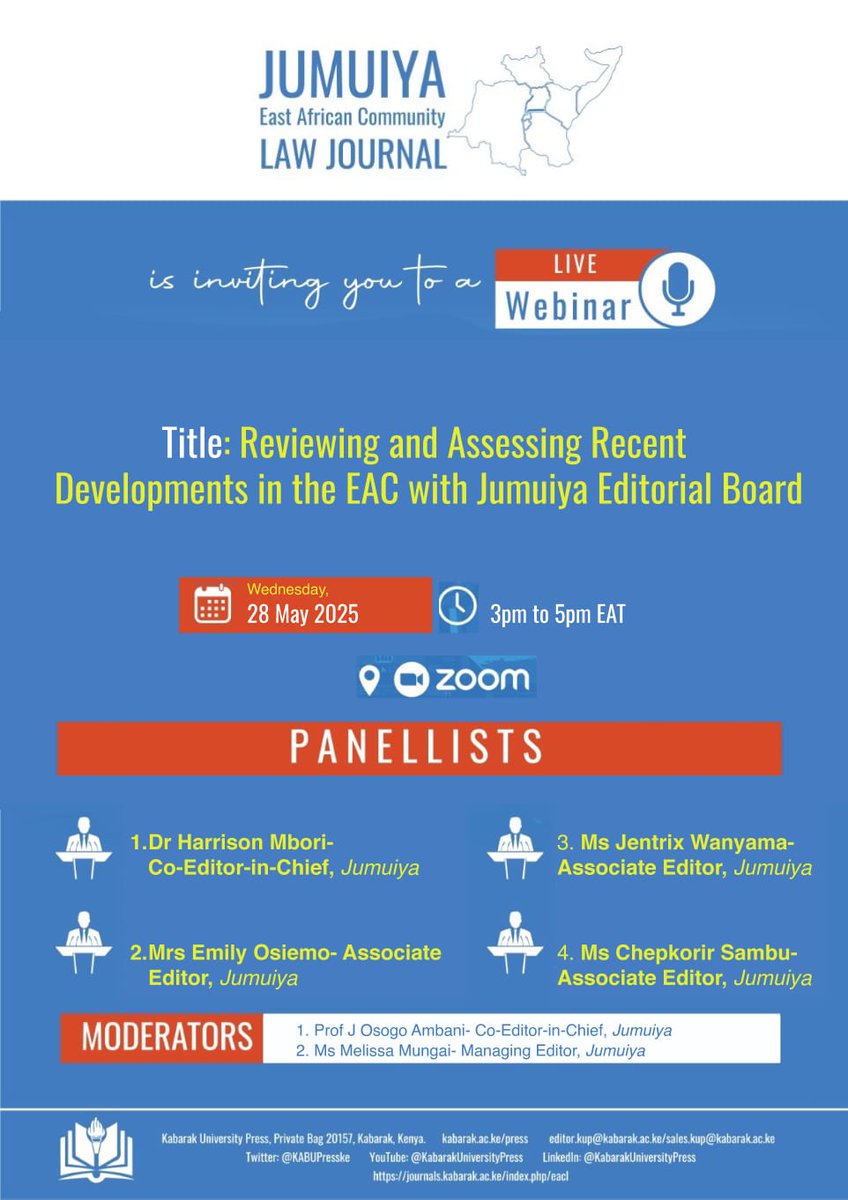Chepkorir (Tapnyole) (@s_chepkorir) on Twitter photo Dear all,
Wed., 28 May '25, we'll host the 1st Jumuiya webinar of 2025. This particular one is dedicated to reviewing developments in <a href="/jumuiya/">East African Community</a> in the last 6 months: from DRC-Rwanda to cross-border legal practice & the events of this week.
Zoom link coming soon 📅 <a href="/Harrison_Otty/">Harrison Mbori</a> Dear all,
Wed., 28 May '25, we'll host the 1st Jumuiya webinar of 2025. This particular one is dedicated to reviewing developments in <a href="/jumuiya/">East African Community</a> in the last 6 months: from DRC-Rwanda to cross-border legal practice & the events of this week.
Zoom link coming soon 📅 <a href="/Harrison_Otty/">Harrison Mbori</a>