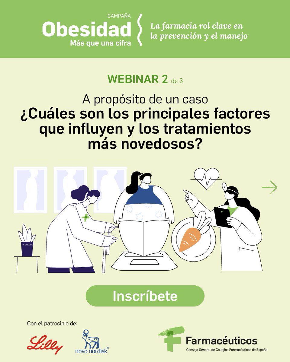 Consejo General Colegios Farmacéuticos (@farmaceuticos_) on Twitter photo ¡Nueva sesión formativa online! 💻
💊 ¿Cuáles son los principales factores que influyen y los tratamientos más novedosos?
🗓 Fecha: 26 de mayo de 2025
🕒 Horario: 14:45
🔗 ow.ly/rHwk50VUNaQ
📢Con el patrocinio de Lilly y <a href="/NovoNordiskES/">Novo Nordisk España</a>
#FarmacéuticosFormación #Obesidad ¡Nueva sesión formativa online! 💻
💊 ¿Cuáles son los principales factores que influyen y los tratamientos más novedosos?
🗓 Fecha: 26 de mayo de 2025
🕒 Horario: 14:45
🔗 ow.ly/rHwk50VUNaQ
📢Con el patrocinio de Lilly y <a href="/NovoNordiskES/">Novo Nordisk España</a>
#FarmacéuticosFormación #Obesidad