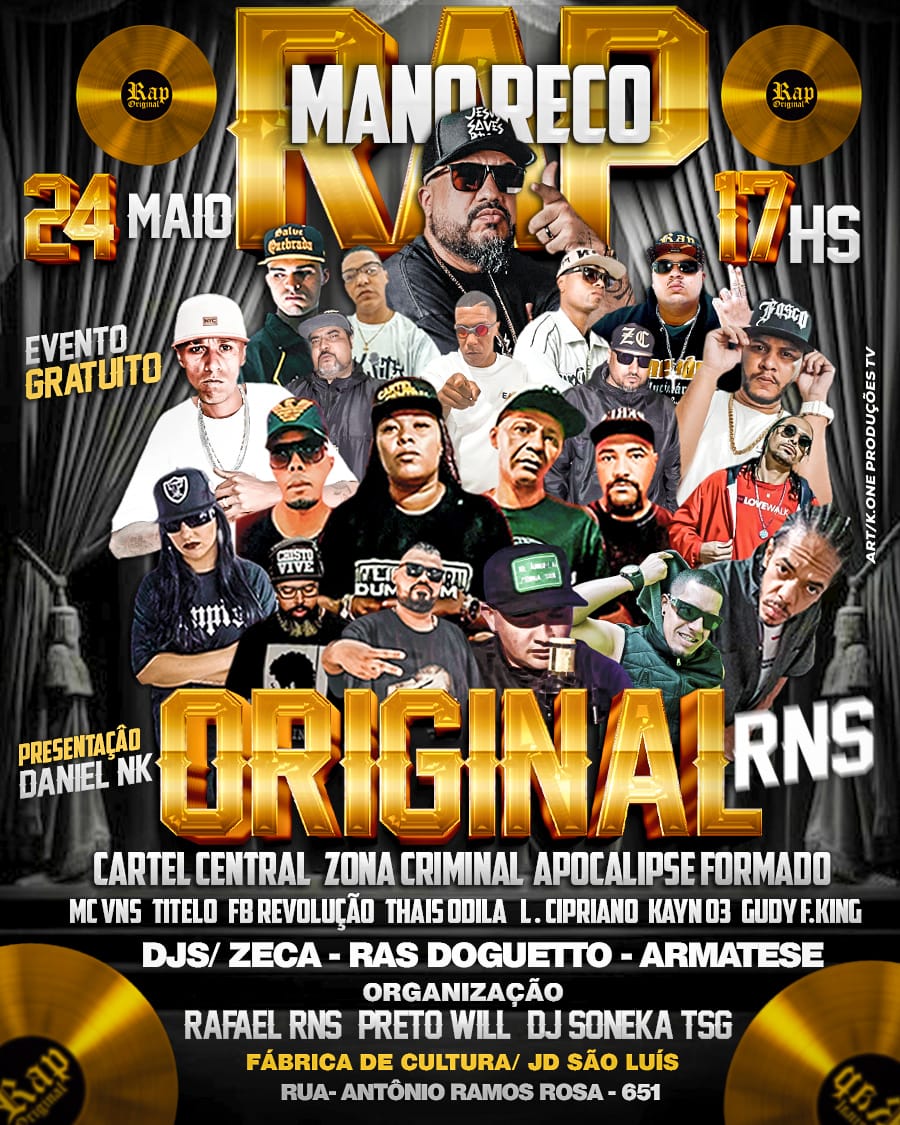 RapOriginalRNS's tweet photo. Festa Rap Original RNS @raporiginalrnsoficial @raporiginalrnsloja
Hoje 24/05Das 17:00hs às 22:00hs.
Local: "Fábrica de Cultura do Jardim São Luís"
Endereço: Rua Antônio Ramos Rosa, N°651 - Jardim São Luís, São Paulo - SP, CEP: 05822-010.
Evento Gratuito!
Art @k.oneproducoestv https://t.co/H55JVbN5PH