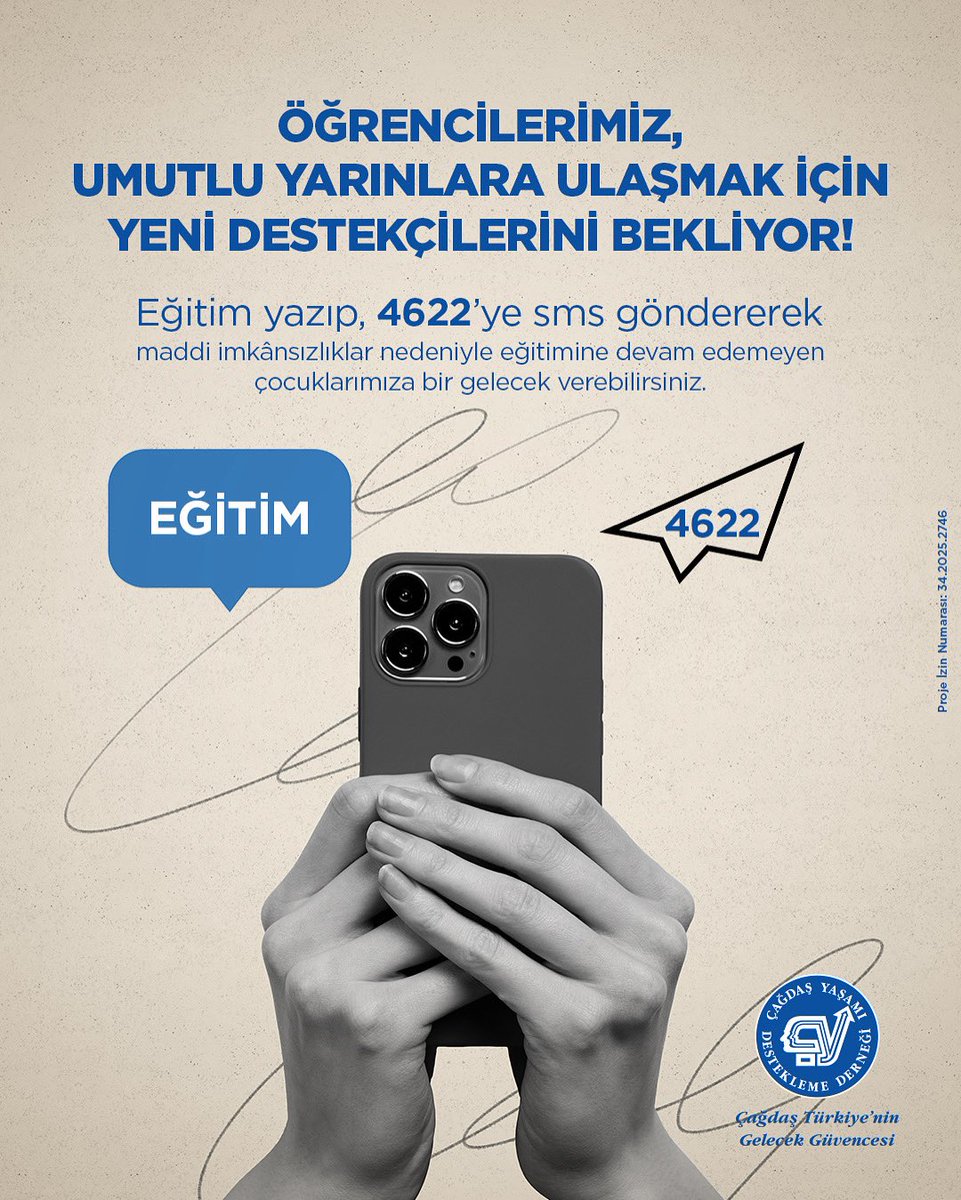 Öğrencilerimiz, umutlu yarınlara ulaşmak için yeni destekçilerini bekliyor!  Siz de EĞİTİM yazıp 4622’ye SMS göndererek maddi imkansızlıklar nedeniyle eğitimine devam edemeyen çocuklarımıza çağdaş bir gelecek sunabilir,  projemize destek olabilirsiniz.