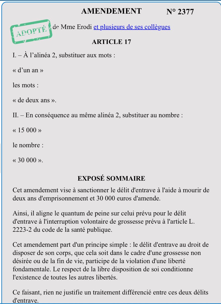 #Euthanasie #FindeVie 

Le bras d’honneur des députés aux soignants.

Ils savent que le délit d’entrave, flou et ambigu, les inquiète fortement.

Que font-ils ? Ils le suppriment ? Non, ils doublent les peines !