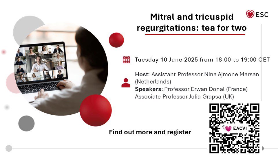 EACVI President (@eacvipresident) on Twitter photo Next #EACVI Webinar 💻
Mitral and tricuspid regurgitations: tea ☕️
🗓️10 June 2025, 18:00 to 19:00CEST
Free for EACVI Silver member & FEACVI
Host: <a href="/NAjmoneMarsan/">Nina Ajmone Marsan</a>
Speakers: <a href="/DonalErwan/">Donal</a> <a href="/JGrapsa/">Julia Grapsa MD, PhD</a>
<a href="/denisamuraru/">Denisa Muraru</a> <a href="/s_e_petersen/">Steffen Petersen</a> <a href="/anatimoteo46040/">anatimoteo</a> <a href="/slumberbell/">Novi Yanti Sari</a> <a href="/VazyurVasquez/">Zuilma Vásquez</a> Next #EACVI Webinar 💻
Mitral and tricuspid regurgitations: tea ☕️
🗓️10 June 2025, 18:00 to 19:00CEST
Free for EACVI Silver member & FEACVI
Host: <a href="/NAjmoneMarsan/">Nina Ajmone Marsan</a>
Speakers: <a href="/DonalErwan/">Donal</a> <a href="/JGrapsa/">Julia Grapsa MD, PhD</a>
<a href="/denisamuraru/">Denisa Muraru</a> <a href="/s_e_petersen/">Steffen Petersen</a> <a href="/anatimoteo46040/">anatimoteo</a> <a href="/slumberbell/">Novi Yanti Sari</a> <a href="/VazyurVasquez/">Zuilma Vásquez</a>