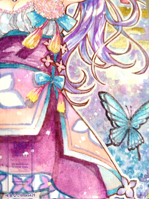 読めるのに中国語に見えるタイトル、 紫陽花乙女(あじさいおとめ)の次は 紫陽花百景(あじさいひゃっけい)。 花の中心や飾りに手持ちのゴールド3種類、蝶にブルーのラメを入れています。 今年も紫陽花の季節がやって来ますね!