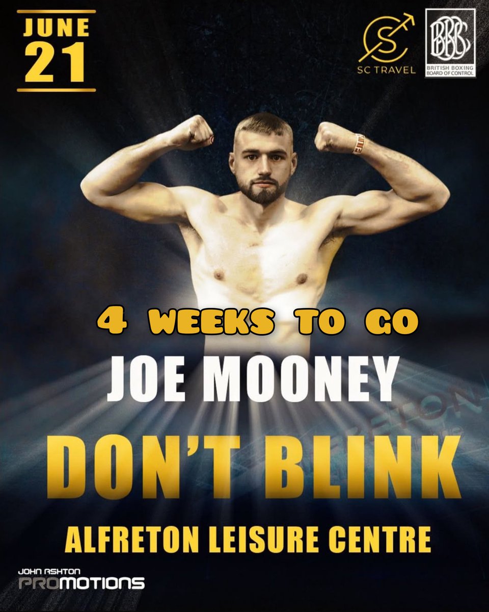 4 weeks to go

Joe Mooney returns for fight 3 as a pro on the John Ashton Promotions card in Alfreton, Derbyshire 

It's the last scheduled 4 rounder for Joe before moving up to 6 tounds

No opponent confirmed as yet