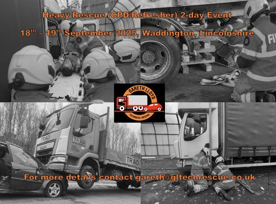 GLTechRescue's tweet image. Looking for a #heavyrescue refresher/CPD  option? GLTR is hosting 2day event on the 18/19 Sept @LincsFireRescue 
For info gareth@gltechrescue.co.uk 
 National Fire Chiefs Council (NFCC) United Kingdom Rescue Organisation Holmatro Rescue Equipment  WEBER RESCUE SYSTEMS  Vimpex Ltd