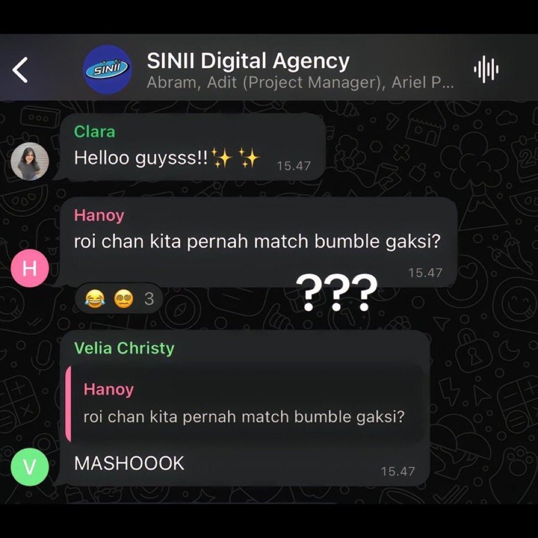 Topik panas masuk kerja : match bumble wkwk
Gimana ga panik tuh 😭😭