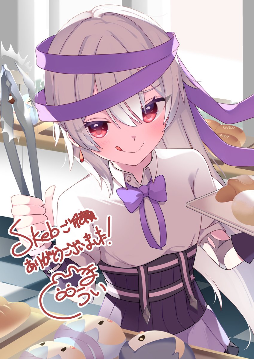 パン屋さんでトングをかちりながらパンを吟味するウリスを描かせていただきました～！skebご依頼ありがとうございました！！