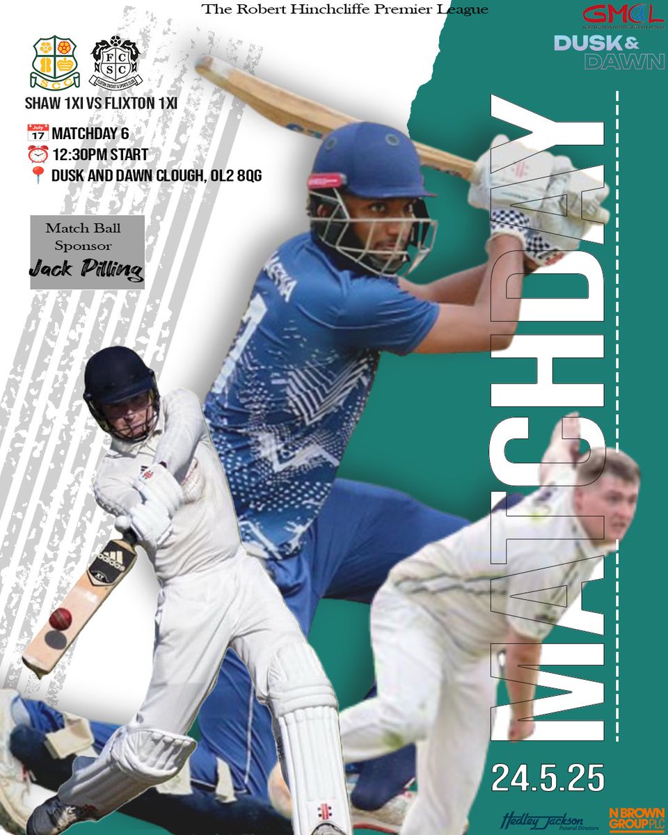 Shaw Cricket Club (@shawcricketclub) on Twitter photo It's matchday 6 in the <a href="/GtrMcrCricket/">The Greater Manchester Cricket League</a> Robert Hinchcliffe Premier League and the 1XI face <a href="/FlixtonCricket/">Flixton Cricket Club</a> at home.
📅 24th May 2025
⏰️ 12:30pm start
📌 Dusk and Dawn Clough, OL2 8QG
Thanks to match ball sponsor <a href="/JackkPilling/">Jack Pilling</a> 💚💛 It's matchday 6 in the <a href="/GtrMcrCricket/">The Greater Manchester Cricket League</a> Robert Hinchcliffe Premier League and the 1XI face <a href="/FlixtonCricket/">Flixton Cricket Club</a> at home.
📅 24th May 2025
⏰️ 12:30pm start
📌 Dusk and Dawn Clough, OL2 8QG
Thanks to match ball sponsor <a href="/JackkPilling/">Jack Pilling</a> 💚💛