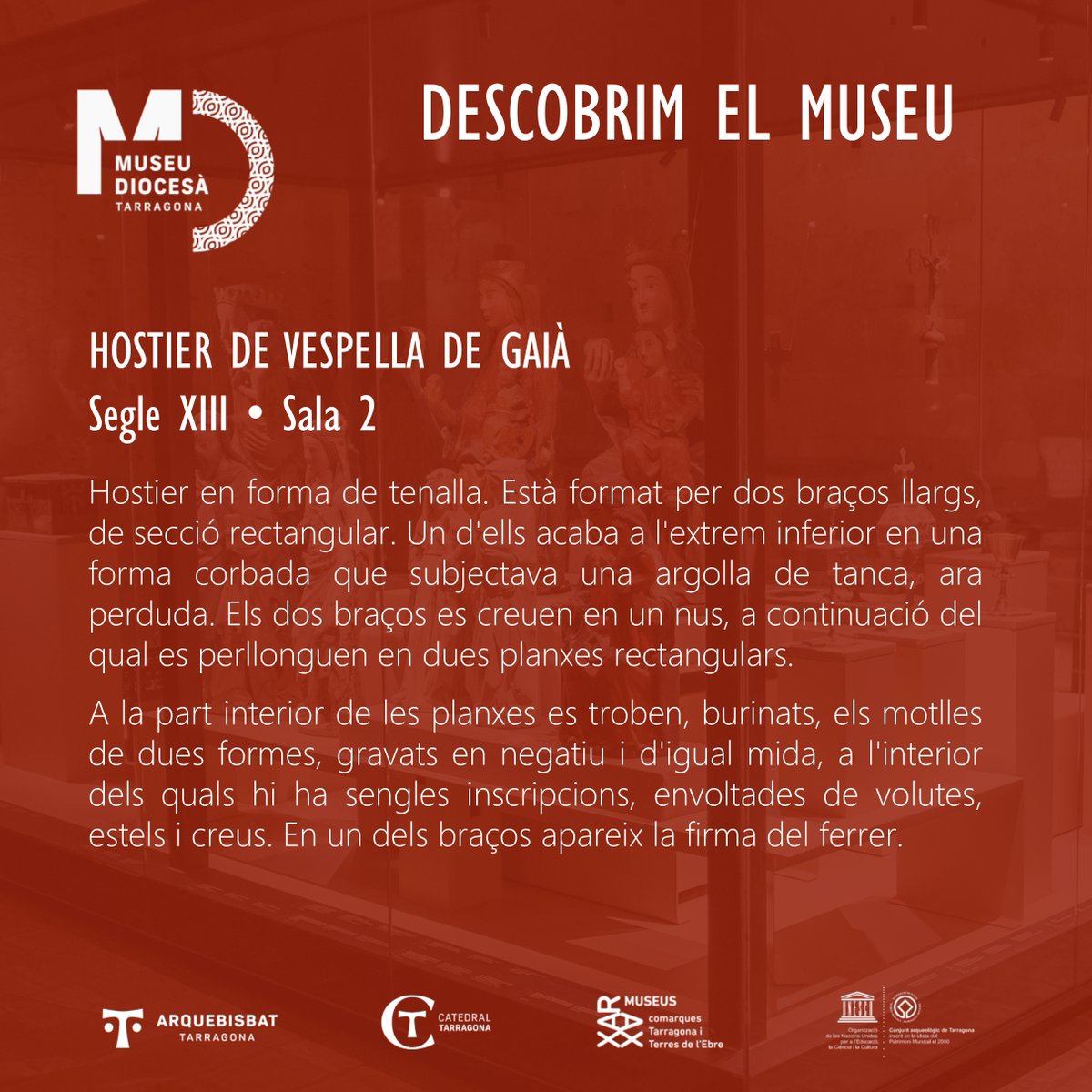 Museu Diocesà de Tarragona (@museudiocesatgn) on Twitter photo 🏛 DESCOBRIM EL MUSEU | Avui us presentem un hostier de Vespella de Gaià, del segle XIII. La podeu veure a la Sala 2 del MDT.
#DescobrimelMuseuDiocesàTgn #esglésiadetarragona #MDT #museudiocesàtarragona
<a href="/esglesiatgn/">Arquebisbat de Tarragona</a> 🏛 DESCOBRIM EL MUSEU | Avui us presentem un hostier de Vespella de Gaià, del segle XIII. La podeu veure a la Sala 2 del MDT.
#DescobrimelMuseuDiocesàTgn #esglésiadetarragona #MDT #museudiocesàtarragona
<a href="/esglesiatgn/">Arquebisbat de Tarragona</a>