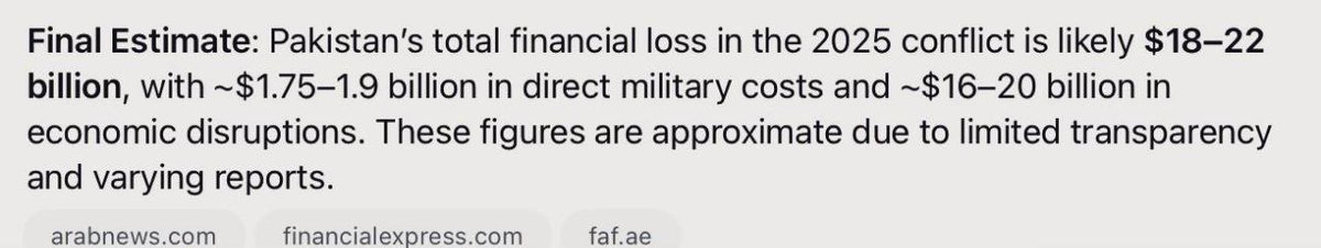 TheRealSnehaa's tweet image. Post-2025 Conflict Report:

▪️ Pakistan’s total loss: ~$23 Billion
▪️ Direct military: $1.17–1.9B
▪️ Economic damage: $16–20B

India’s strike wasn’t just military — it was economic warfare.

#OperationSindoor #IndiaPakistanWar #DefenceUpdate