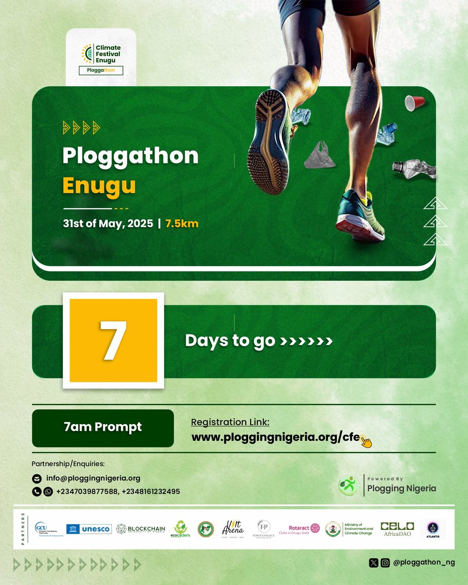In 7️⃣ days, Enugu go hear am! 😅

It's 7 days before 100s of enthusiastic Nigerians pour out on Enugu streets, to #RacingToBeatPlasticPollution.

You can still sign up to participate via:
ploggingnigeria.org/cfe-ploggathon

#PloggathonEnugu #ClimateFestivalEnugu #WorldEnvironmentDay2025