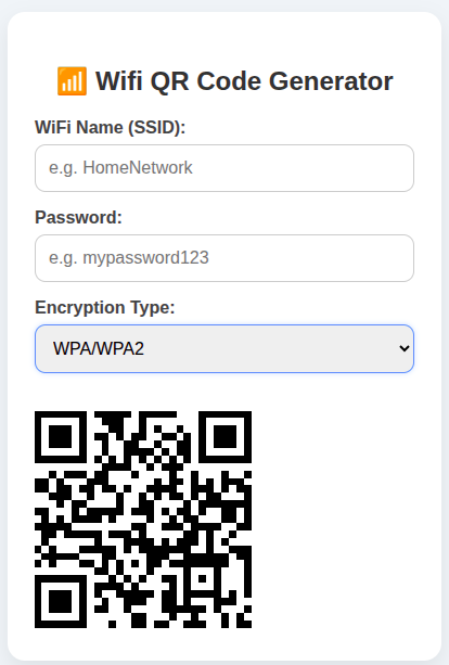 InnovateCodeA's tweet photo. Tired of spelling out your WiFi password?
Now guests can just scan and connect. 📶
I built this Dynamic WiFi QR Code Generator using HTML, CSS, and a bit of JavaScript. It updates the QR code in real-time based on the SSID and password you enter. 

Perfect for:
- Cafés
- Homes https://t.co/hLi0Ce05jz