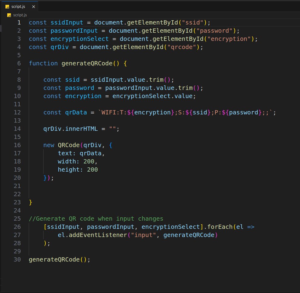 InnovateCodeA's tweet photo. Tired of spelling out your WiFi password?
Now guests can just scan and connect. 📶
I built this Dynamic WiFi QR Code Generator using HTML, CSS, and a bit of JavaScript. It updates the QR code in real-time based on the SSID and password you enter. 

Perfect for:
- Cafés
- Homes https://t.co/hLi0Ce05jz