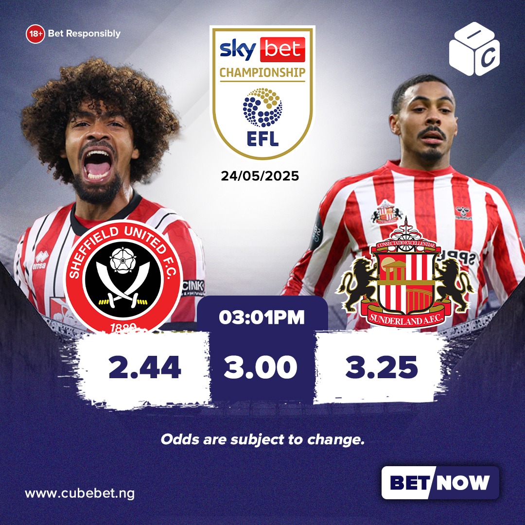 cubebetng's tweet photo. 𝐁𝐢𝐠𝐠𝐞𝐬𝐭 𝐨𝐝𝐝𝐬 𝐓𝐨𝐝𝐚𝐲⚡️

Bet with the biggest odds and best bonuses on today's football fixture between Sheffield  &amp; Sunderland

Tips.
✅ 𝗢𝘃𝗲𝗿 𝟮.𝟱 𝗚𝗼𝗮𝗹𝘀⚡️
✅ 𝗕𝗼𝘁𝗵 𝗧𝗲𝗮𝗺𝘀 𝘁𝗼 𝗦𝗰𝗼𝗿𝗲 ⚡️

𝗣𝗟𝗔𝗬 𝗛𝗘𝗥𝗘: ➡️ https://t.co/9qGMD82nuG

#EFLPlayOff https://t.co/m2CRWkpg3U