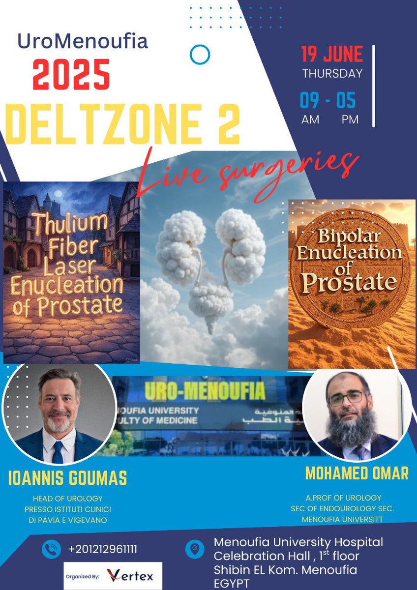 UroMenoufia's tweet photo. We invite you to an exceptional two-day event on June 19 &amp; 20, 2025, at the Celebration Hall, Faculty of Medicine, Menoufia University, from 9:00 AM to 5:00 PM.
@mohamed92902484 @Endo_Sec_Eua @Mohamedendourol @endourologyucsd @drkemalsarica @DocGauhar @UrologyTimes https://t.co/HEnGYWOxhy