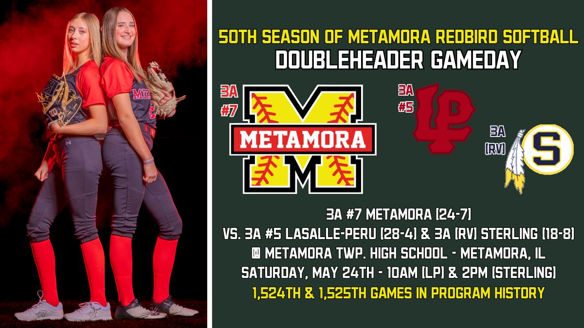 StaabAlex's tweet photo. Let's play two!

🥎 | 3A #7 @SoftballMTHS 
🆚 | 3A #5 LaSalle-Peru &amp; 3A (RV) Sterling
📍 | MTHS
🕰️ | 10AM (LP) &amp; 2PM (Sterling)
☁️ | 66 degrees, cloudy, 6mph wind LF to RF
📊 | GameChanger; "Metamora Varsity Redbirds"

#ONE #pjspreps https://t.co/Q2NSMSJ673