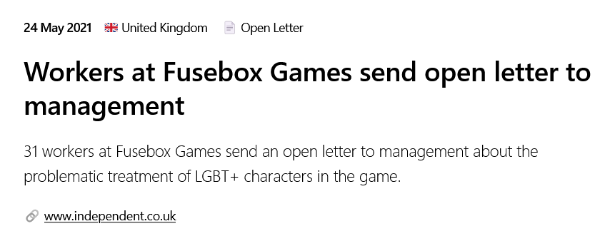 #OtD 24 May 2021 Workers at Fusebox Games send an open letter to management about the problematic treatment of LGBT+ characters in their game gameworkersolidarity.com/action/2021-05…
