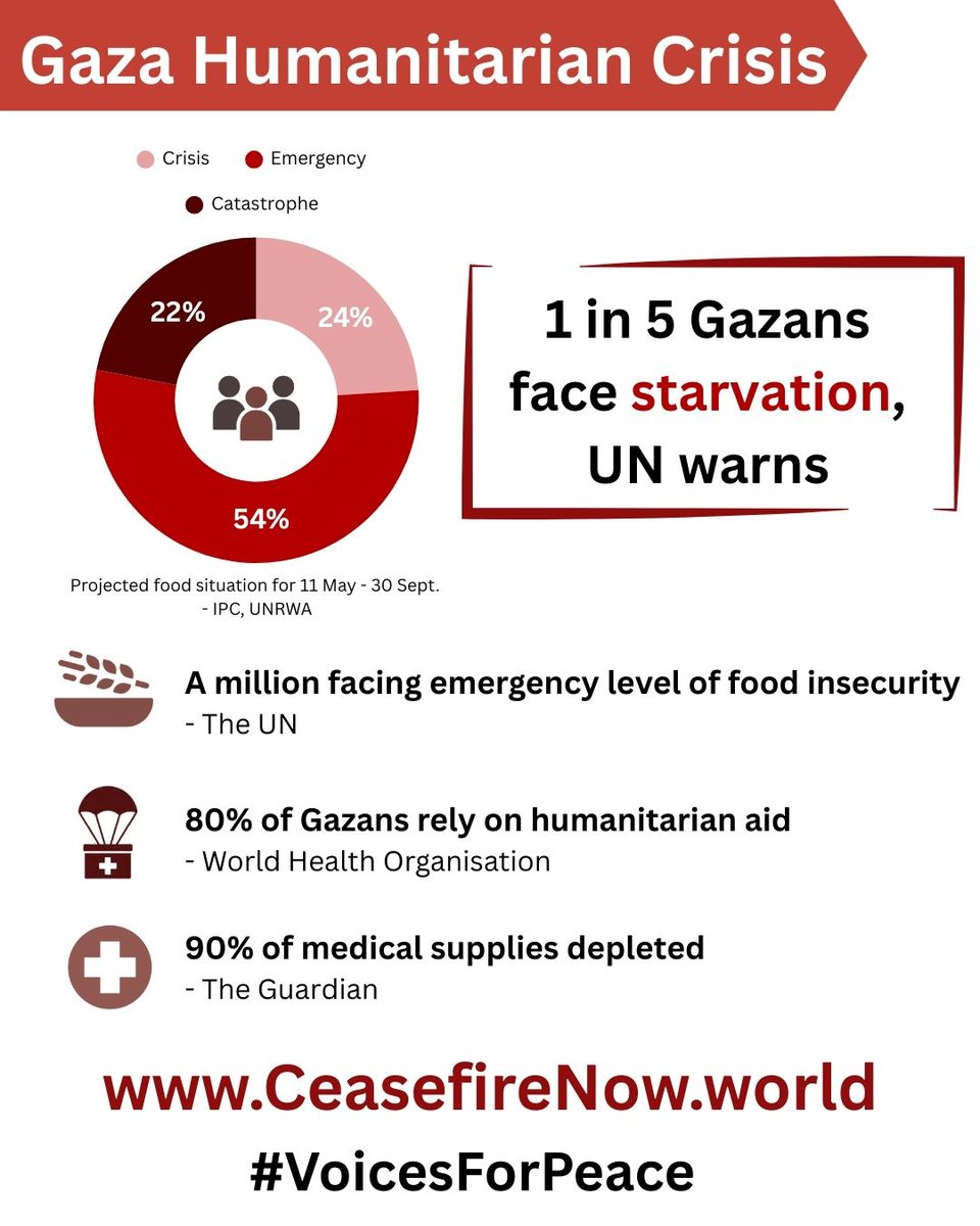 The Gaza crisis is catastrophic.
1 in 5 face starvation.
90% of medical supplies are gone.
Millions are displaced, suffering without food, water, or medicine.

We must act now.
Ceasefire. Aid access. Peace.
#VoicesForPeace
CeasefireNow.world