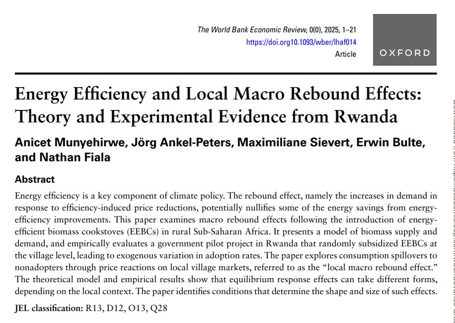 jrgptrs's tweet image. The macro-rebound in energy efficiency interventions is important yet hard to study, they say. Here's our attempt to model & evaluate what happens on the "macro" (i.e. community) level after promotion of energy-efficient biomass cookstoves in Rwanda. academic.oup.com/wber/advance-a…