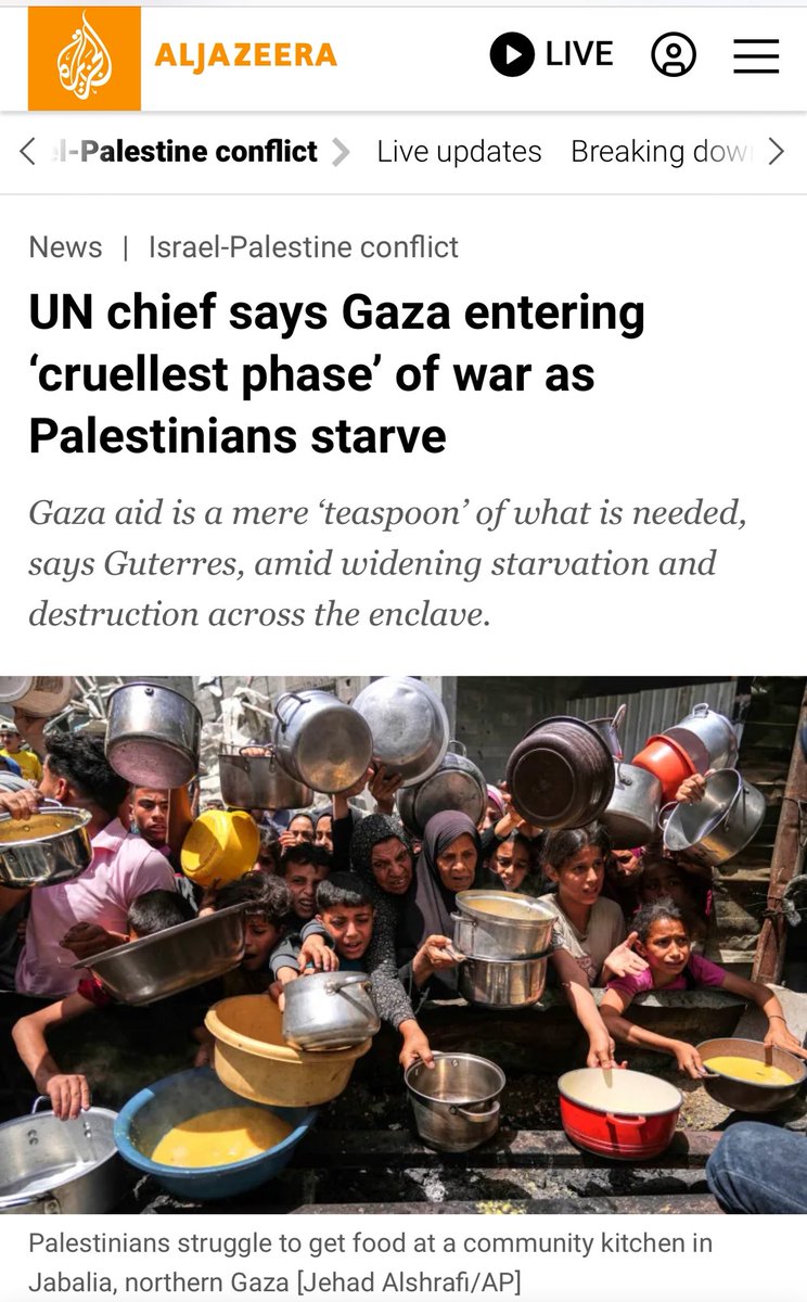 🇺🇳 Crísis en #Gaza: ONU advierte "fase más cruel" del conflicto 🇵🇸
El secretario general de la #ONU alerta:  
⚠️ Emergencia humanitaria extrema: hambruna, falta de agua/medicinas y destrucción masiva de infraestructuras.  
⚠️ Cifras clave: 80% de la población depende de ayuda