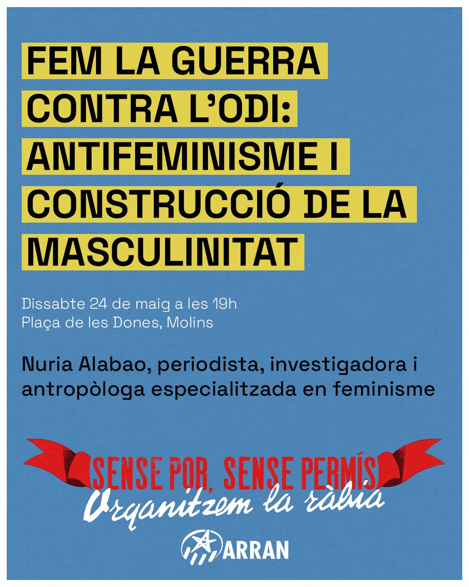🏴🟣 Avui. Antifeminisme i construcció de la masculinitat amb <a href="/nu_alabao/">Nuria Alabao ⭐️</a> 

📌 19h, Plaça de les Dones, Molins