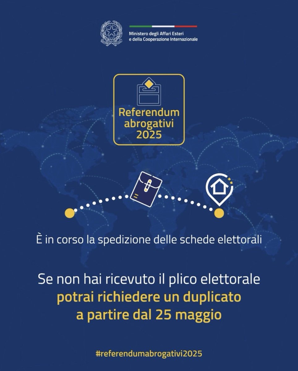 #Referendumabrogativi2025
🗳️È in corso la spedizione delle schede elettorali! Se non hai ricevuto il plico elettorale potrai richiedere un duplicato a partire dal 25 maggio al tuo Consolato di riferimento.
Per maggiori informazioni clicca qui: consparigi.esteri.it/it/news/dal_co…