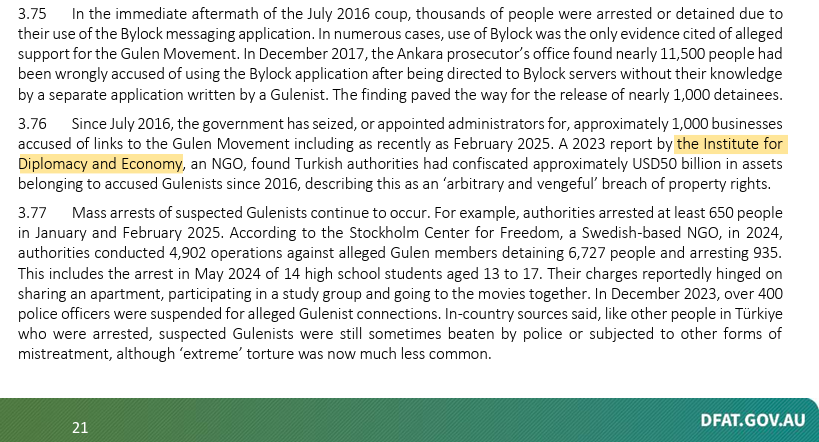 Avustralya Dışişleri Bakanlığı'nın 16 Mayıs 2025 tarihli Türkiye raporunda, Enstitümüzce Kasım 2023'te yayımlanan 'insanlığa karşı suç teşkil eden Türkiye'de mülkiyet ihlalleri' konulu raporumuza atıfta bulunulmuştur.
dfat.gov.au/sites/default/…