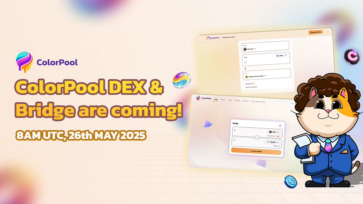 ColorPool Fam — it’s almost time! 🌈

The DEX &amp; Bridge go live at 8 AM UTC on May 26, 2025 🗓

✅ Trade with confidence on Chromia’s top liquidity pools
✅ USDC now flows freely between BSC ↔️ Chromia

Explore the upcoming milestone here: mirror.xyz/0xD6a3b72956eE…

💦 Dive into the
