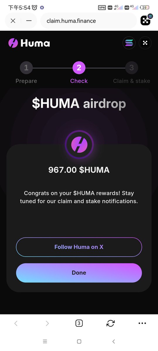 huma空投可查
claim.huma.finance
做了10个号只拿到4000个币，还是质押少了🌝🌝  <a href="/humafinance/">Huma Finance 🟣</a> <a href="/DrPayFi/">Richard Liu</a>