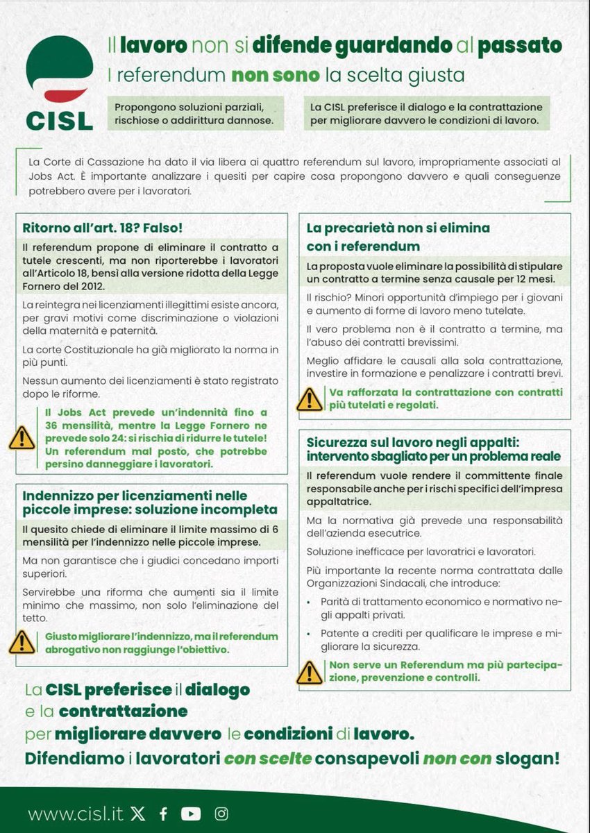 cisl_grottaglie's tweet photo. Tweet 6 (conclusione):
👉 Questi referendum non migliorano il lavoro, non contrastano la precarietà, non rafforzano i contratti.
La CISL crede nel cambiamento vero, non nei passi indietro.
L’8 e 9 giugno: VOTA NO.
#CISL #ReferendumLavoro #LavoroGiusto https://t.co/Tsu6HDeOh4
